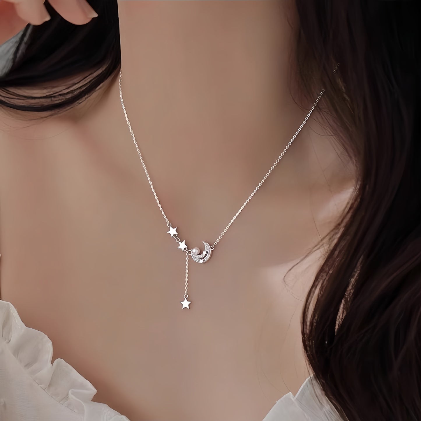 Planderful 925 Sterling Silver Star Moon Necklace With Pearl Pendant For Romantic Girls