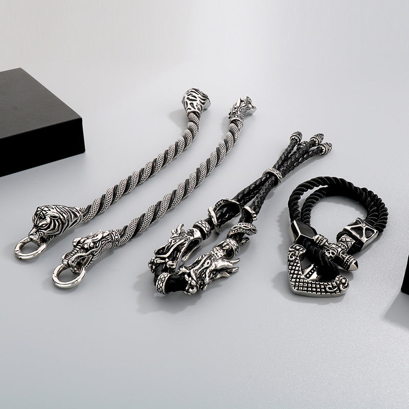Antique Zodiac Leather Rope Bracelet – Leader Tiger Head Anchor Titanium Steel Men's Leather