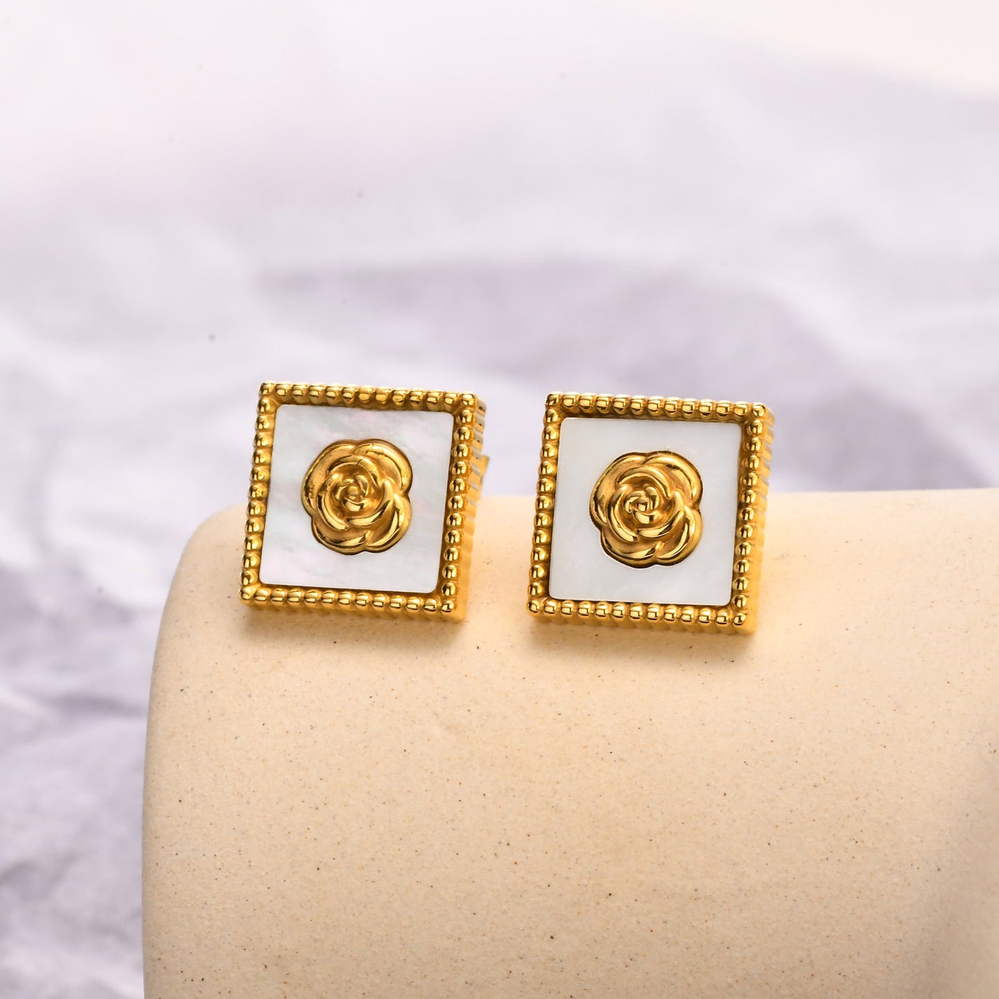 French Vintage Shell Rose Stud Earring Stainless Steel Jewelry