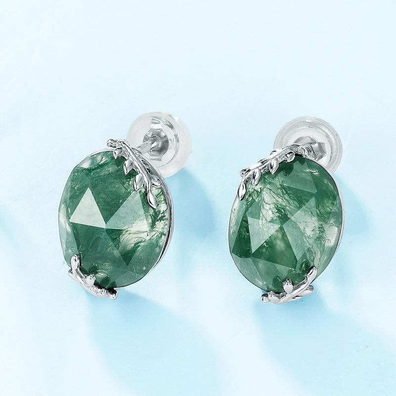 S925 Sterling Silver Moss Agate Signature Stud Earrings