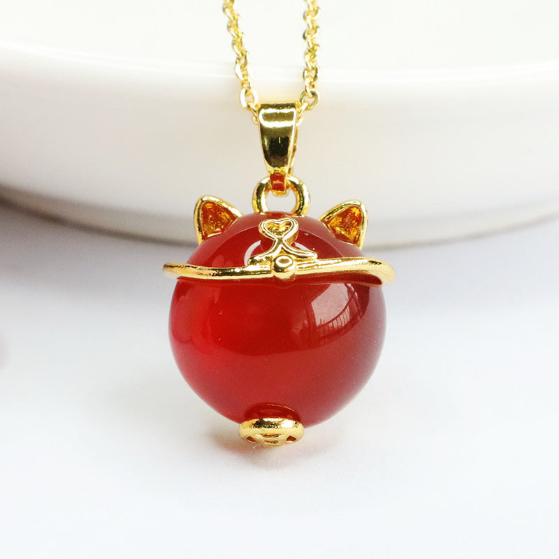 Red Agate Lucky Cat Pendant — No Chain