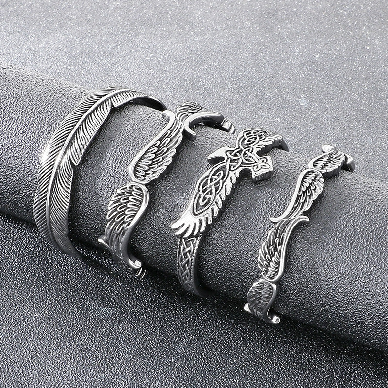 Nordic Viking Celtic Knot Crow – Punk Style Bamboo Feathers Stainless Steel Man Bracelet