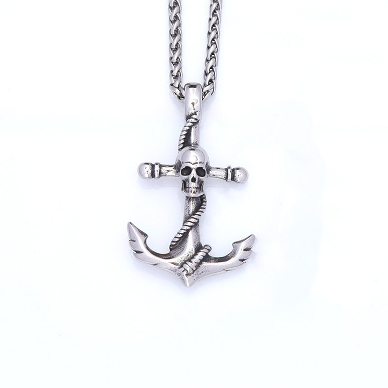 Trendy Titanium Steel Skull Head Anchor Necklace for Men