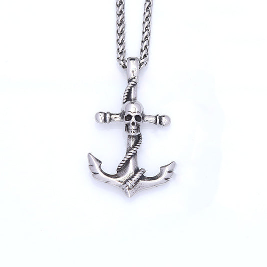 Trendy Titanium Steel Skull Head Anchor Necklace for Men