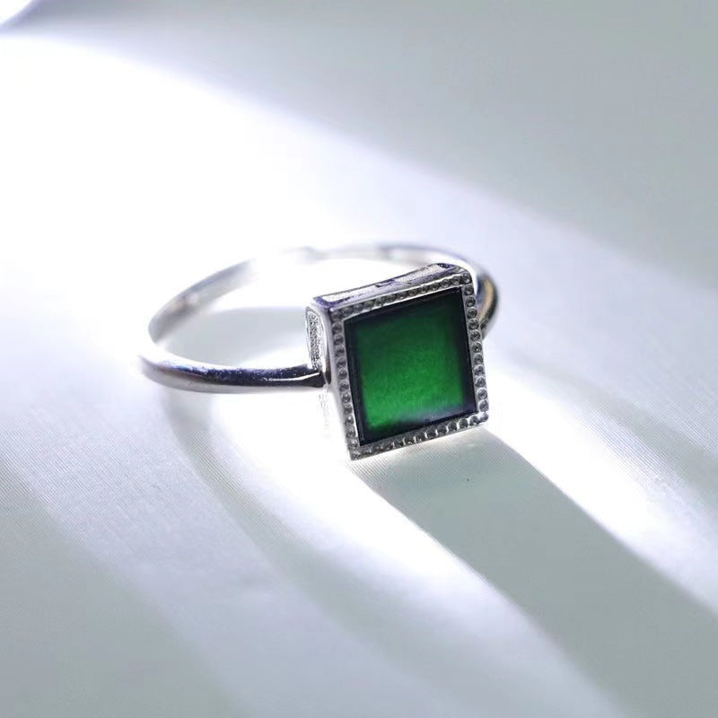 Icy Dark Jadeite Square 925 Silver Ring