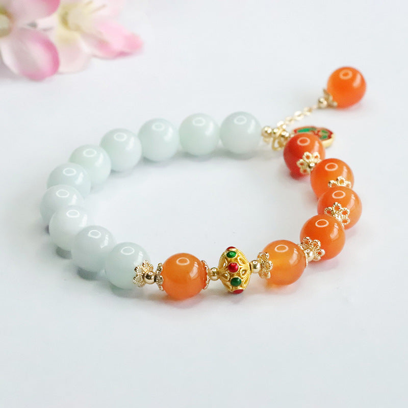 Jadeite Round Bead & Golden Silk Jade 10 mm Beaded Bracelet