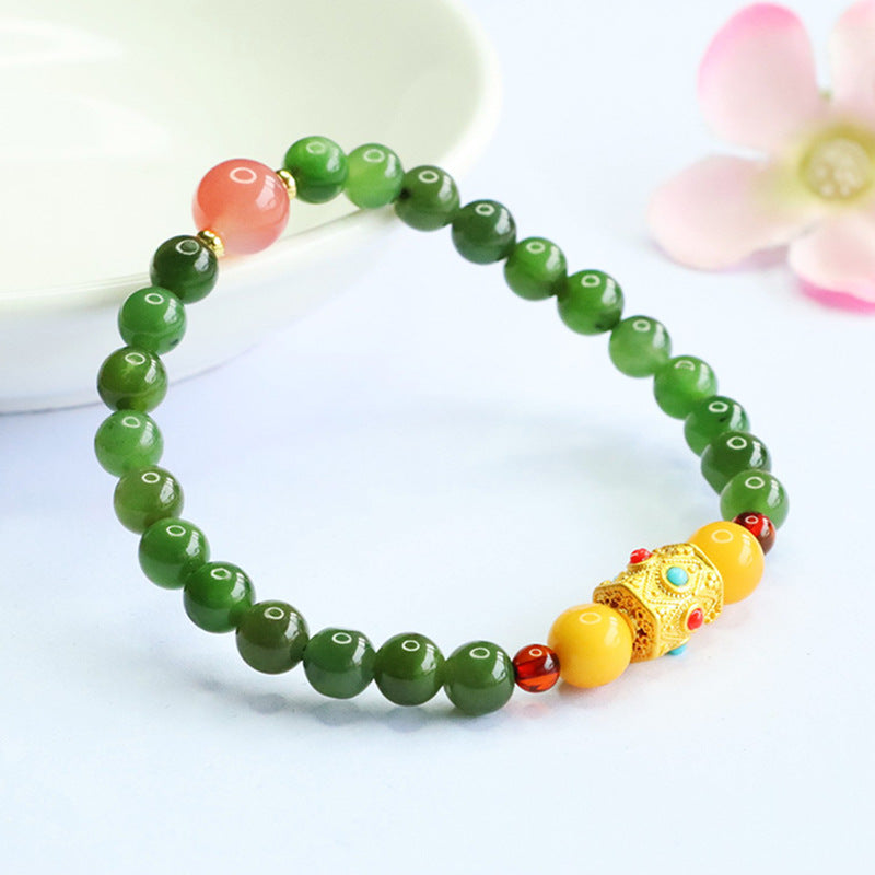 Hetian Jasper Beaded Bracelet with Gold-Tone Accents