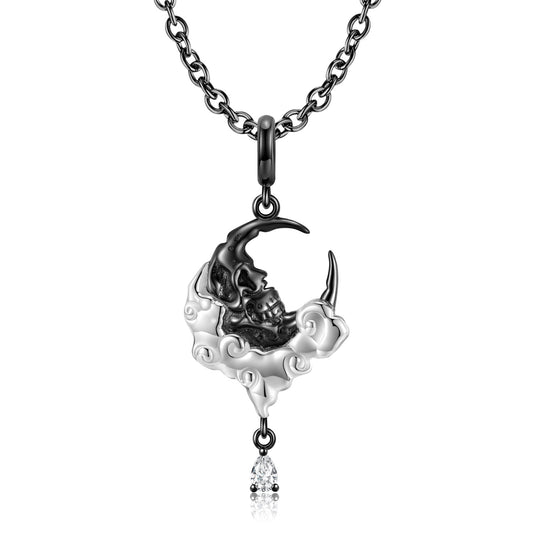 Halloween Skull Face Moon with Pear Shape Zircon Silver Necklace