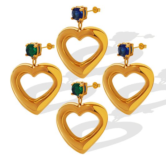Luxurious Gold-Plated Zircon Heart Earrings with Geometric Design