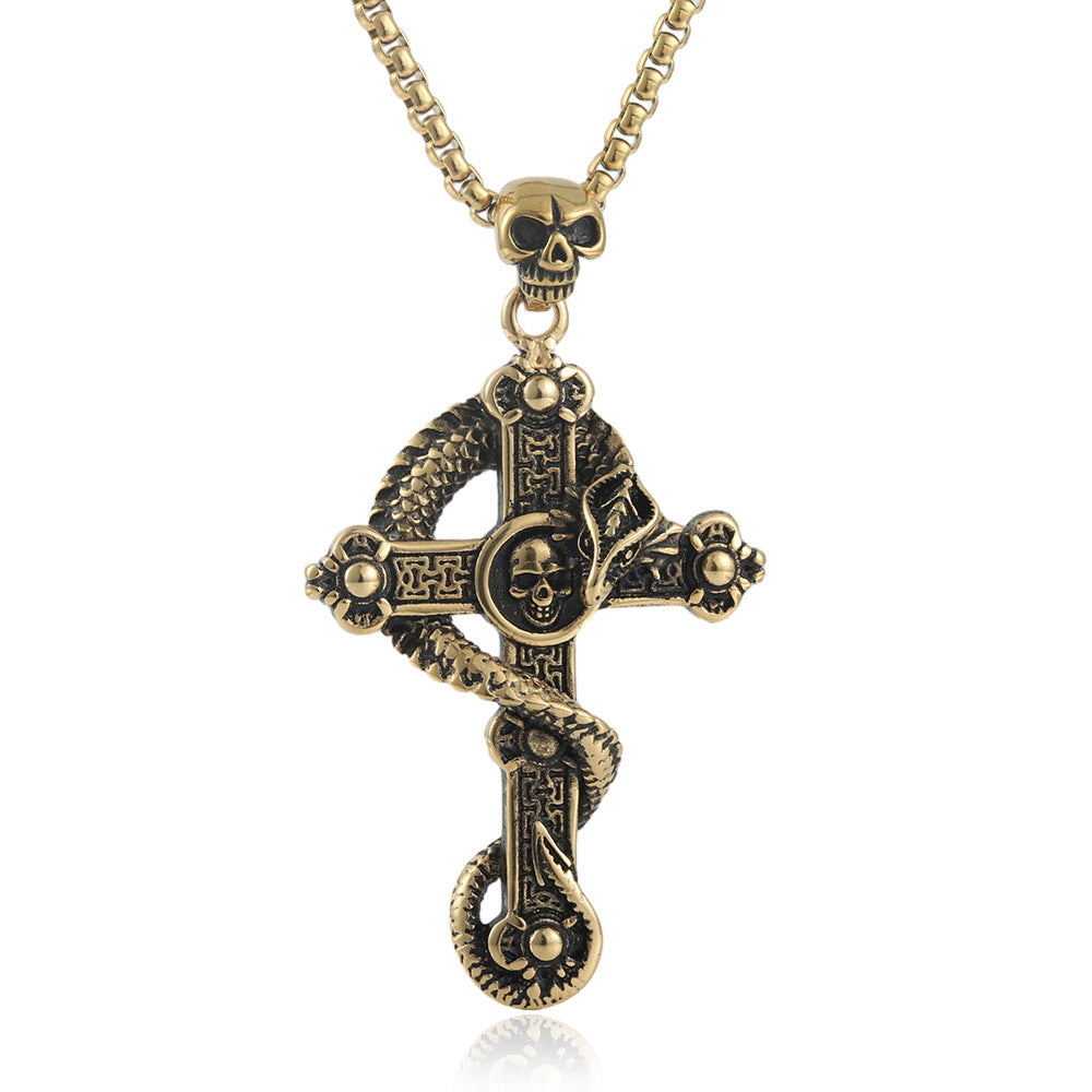 European And American Stainless Steel Skull Pendant Men's Trendy Retro Titanium Steel Cross Necklace