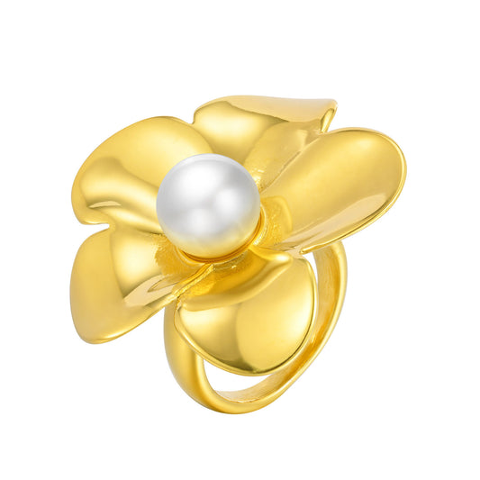 Stainless Steel Imitation Pearl Flower Ring Women's Elegant