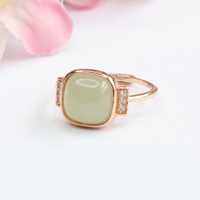 925 Sterling Silver Hetian Jade Square Ring