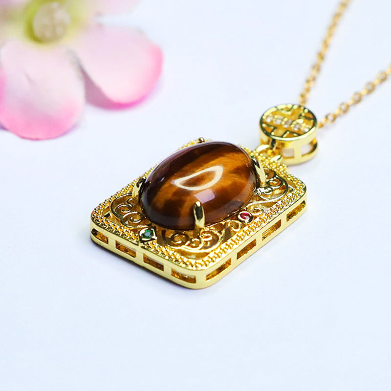 Yellow Tiger Eye Openwork Square Pendant — No Chain