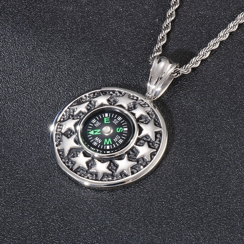 Stainless Steel Five-Pointed Star Compass Pendant for Men