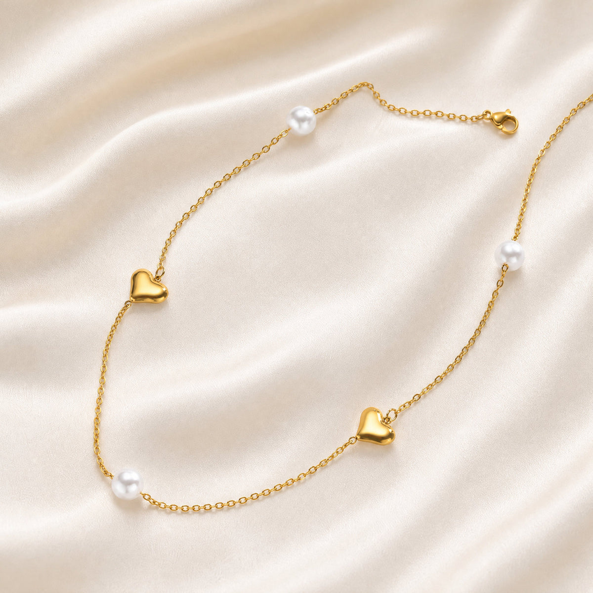 Stainless Steel Women's Style Imitation Pearl Heart Shape Stackable Necklace Gold