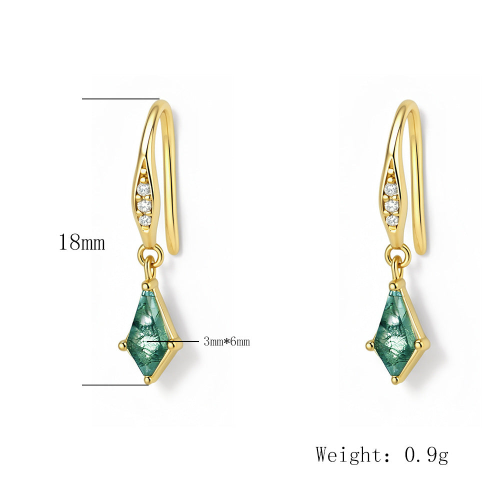 S925 Sterling Silver Natural Aquatic Agate Earrings Geometric Rhombus Natural Stone Earrings Jewelry