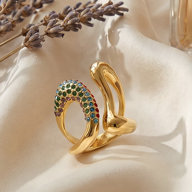 Hip Hop Double Twisted Hollow Zircon Ring French Niche Design Curve Stainless Steel