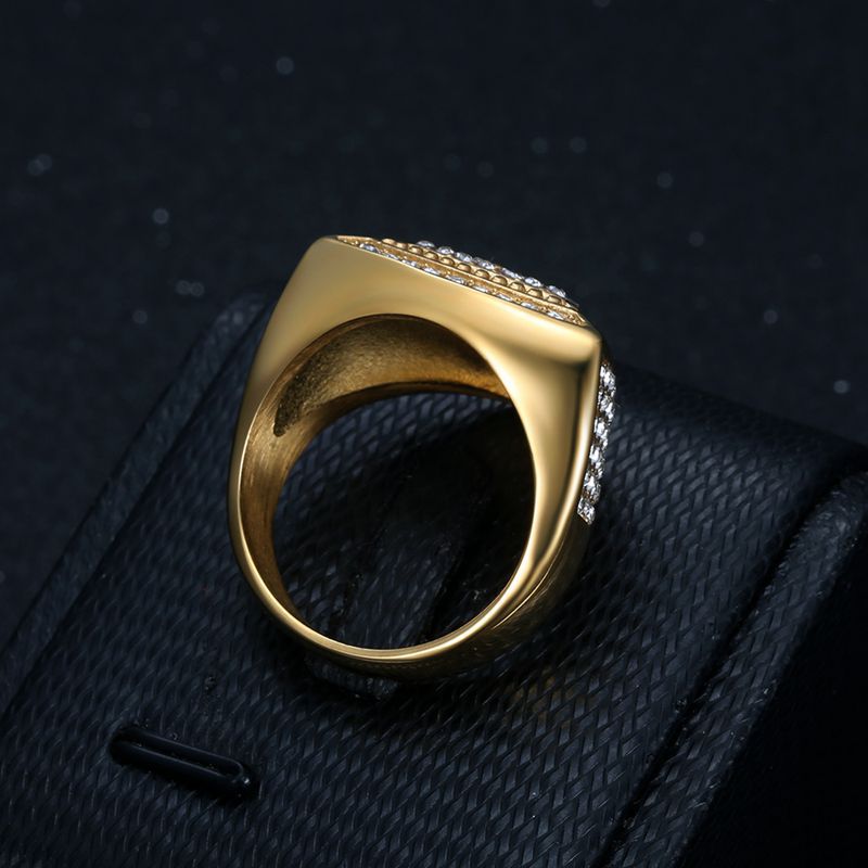 Planderful Hip Hop Ring For Men Stainless Steel Gold Plated Rhinestone Triangular Cross