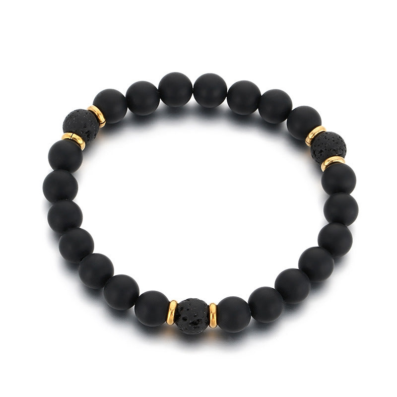 Stainless Steel Bracelet – Punk Volcanic Stone Frosted Black Agate Elastic Rope Handmade