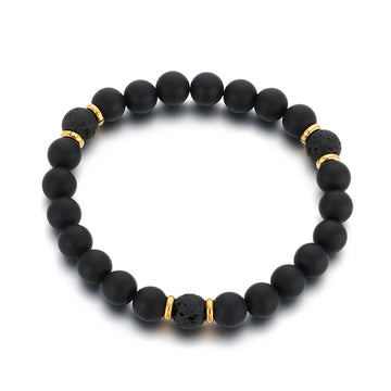 Stainless Steel Bracelet – Punk Volcanic Stone Frosted Black Agate Elastic Rope Handmade