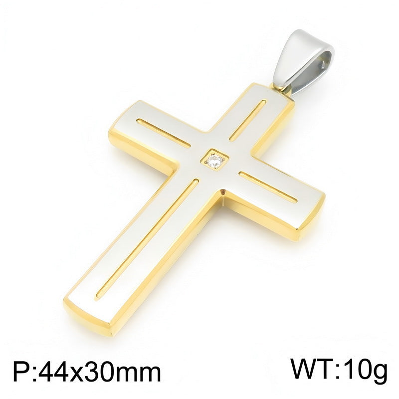 Popular Slotted Line Zircon Cross Titanium Steel Pendant Retro Contrasting Color Stainless Steel Necklace