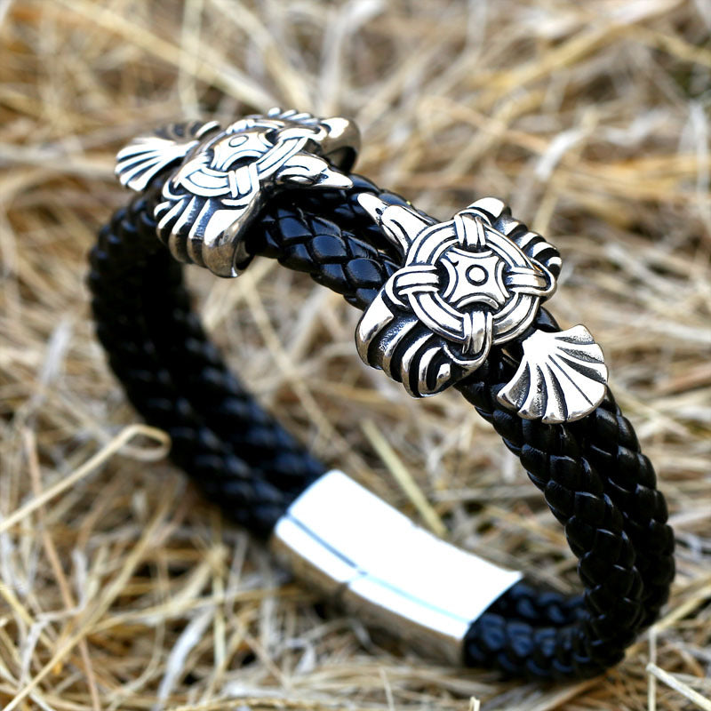 Viking-Inspired Crow Motif Leather and Stainless Steel Men's Bracelet