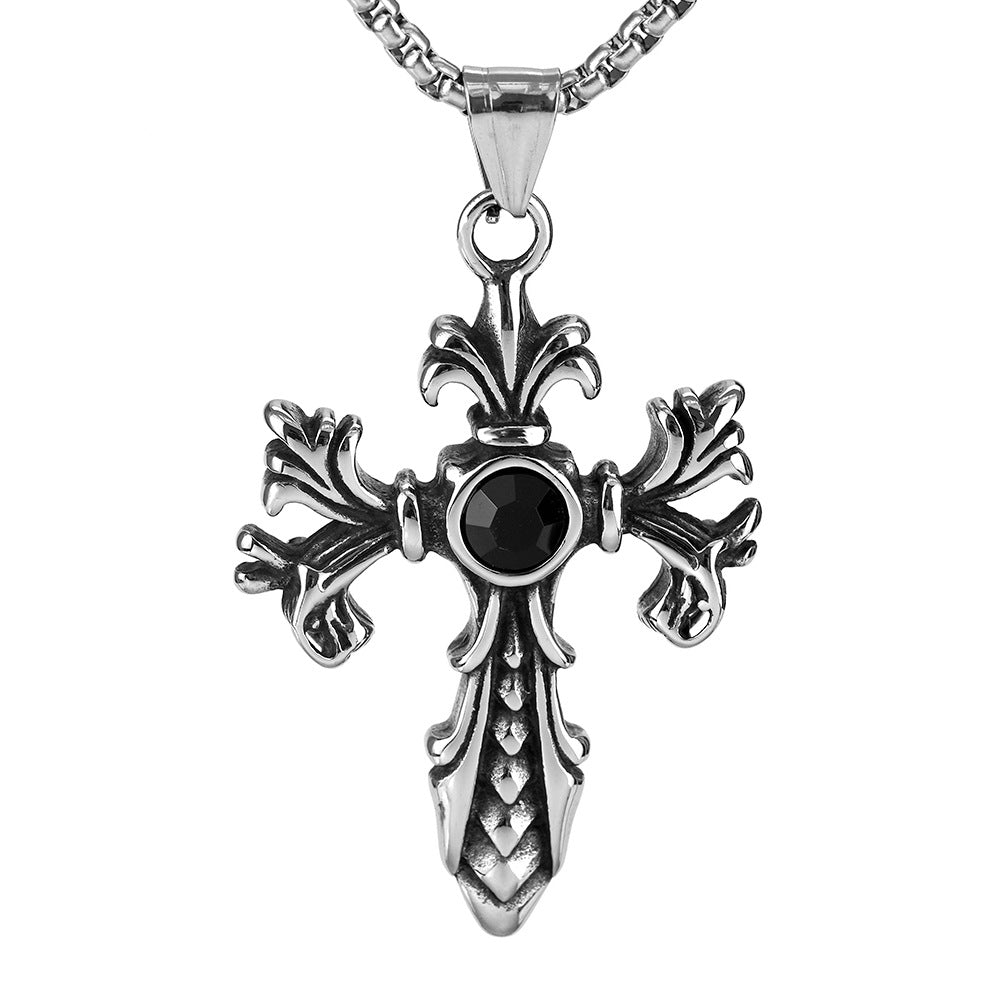 Retro Stainless Steel Men's Pendant Cross Flower Necklace