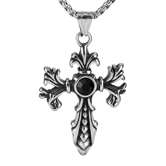 Retro Stainless Steel Men's Pendant Cross Flower Necklace