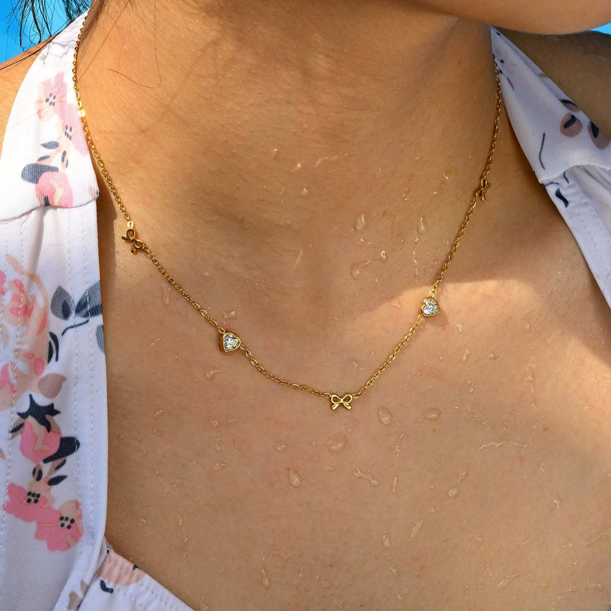 Stainless Steel Heart-Shaped White Zircon Cherry Heart-Shaped White Zircon Bow Necklace