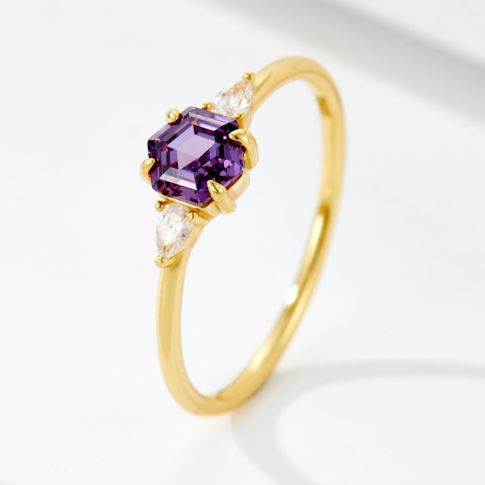 Planderful Sterling Silver Purple Zircon Hexagon Ring For Women Elegant Light Luxury Jewelry