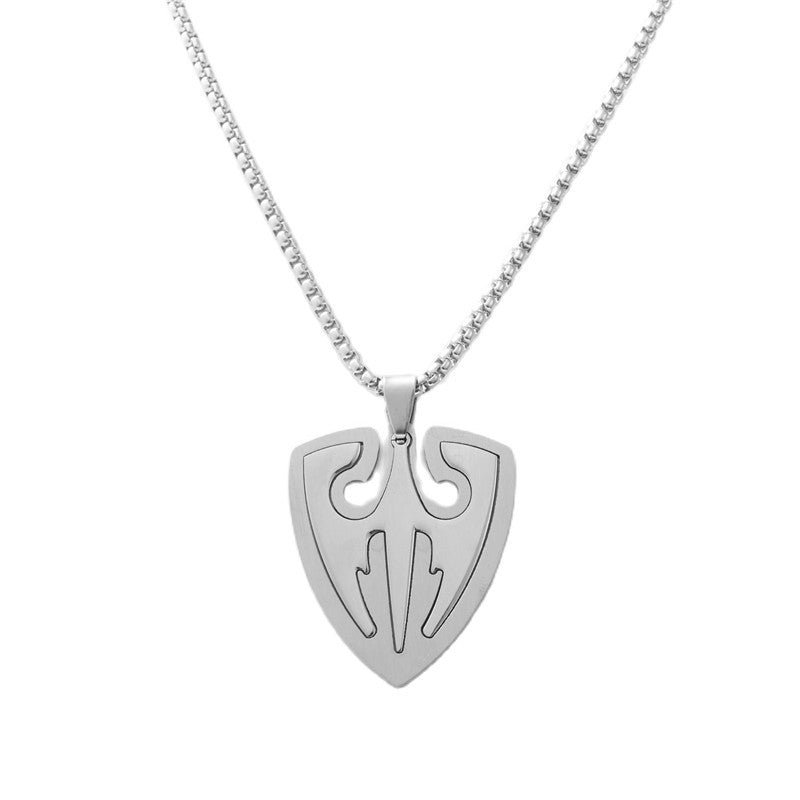 Titanium Steel Retro Shield Pendant Necklace with Angel Wing Design for Men