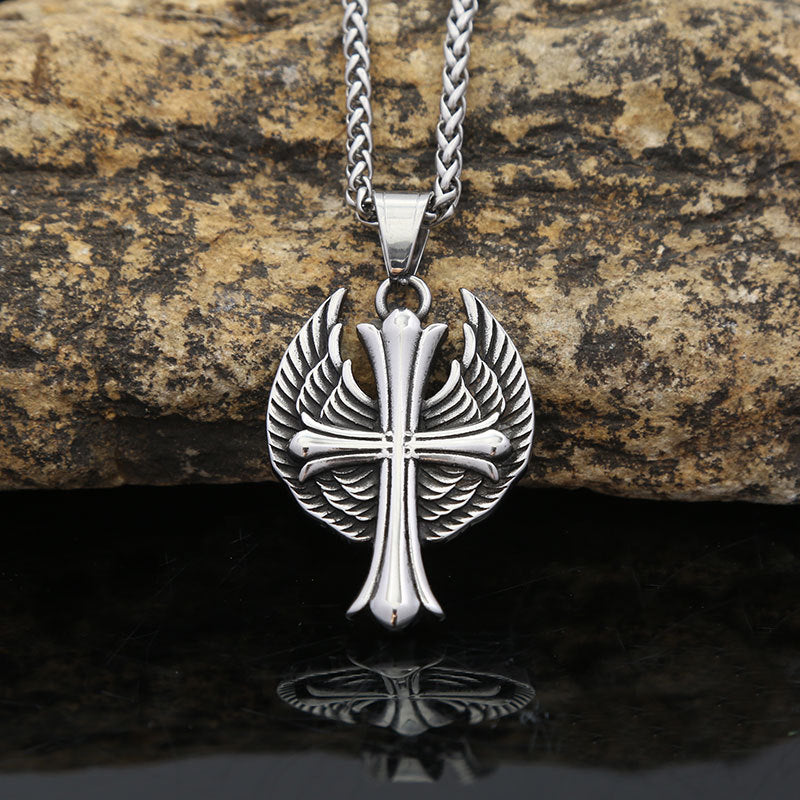 European and American Titanium Steel Necklace Retro Wing Cross Pendant for Men