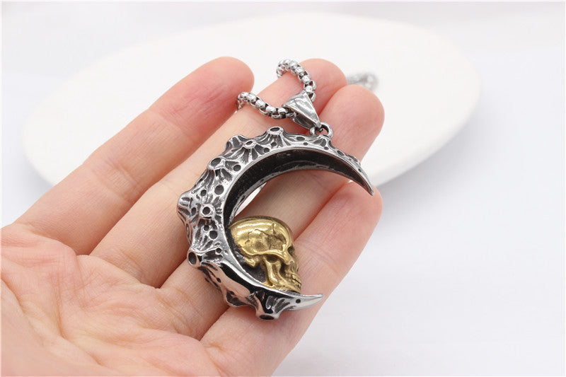 Crescent Skull Titanium Steel Pendant Necklace