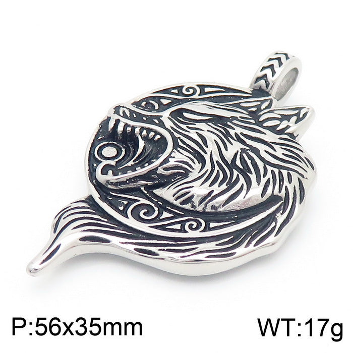Retro Viking Wolf Head Pendant Necklace for Men in Stainless Steel and Titanium Gold