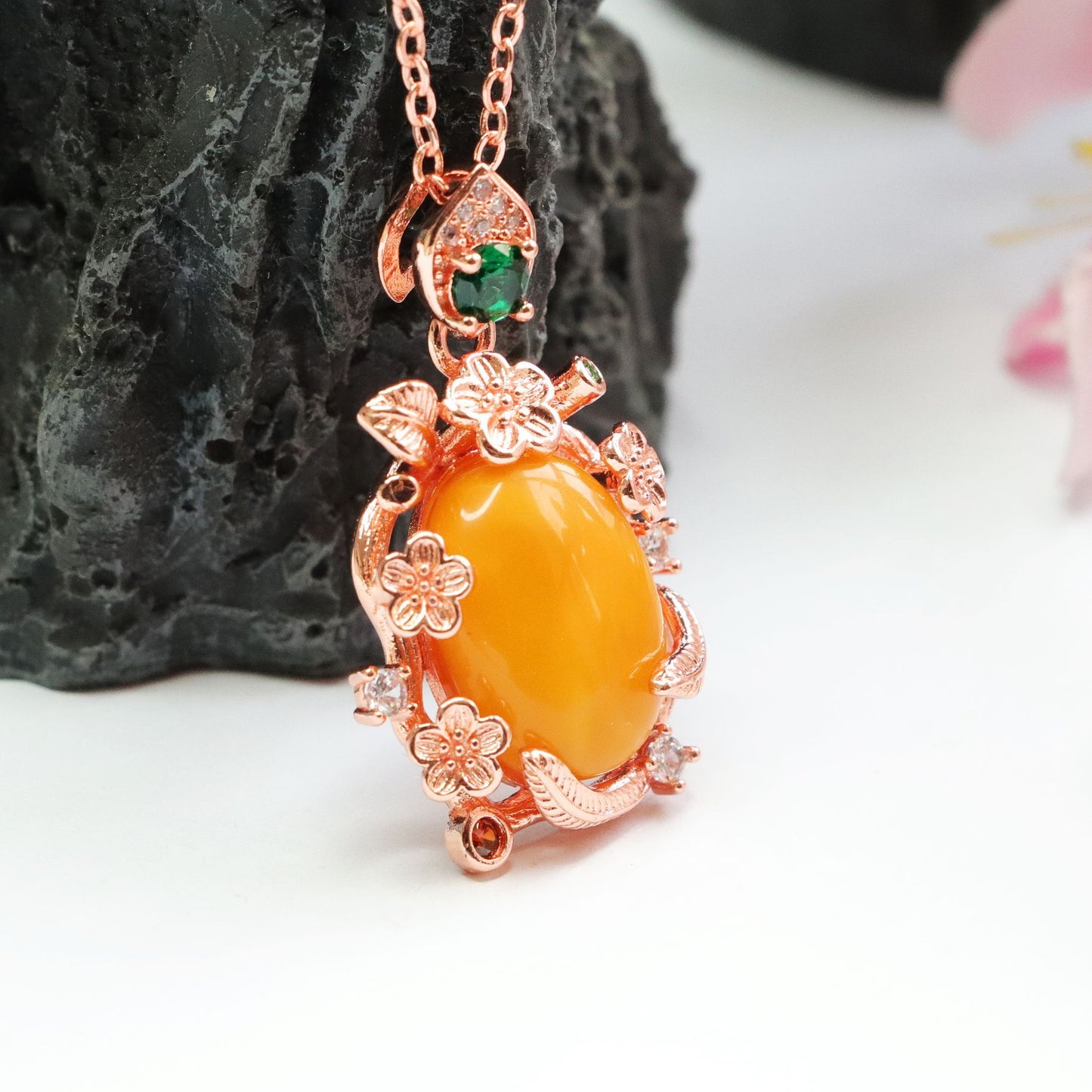 Amber Beeswax Pendant with Zircon Garland Necklace - Sterling Silver Necklace