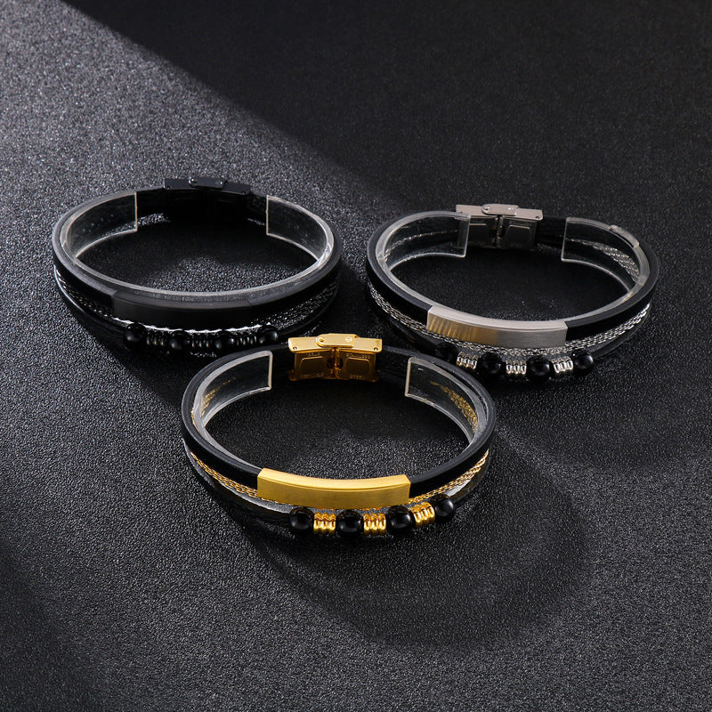 Planderful Mens Stainless Steel Leather Rope Bracelet Bold