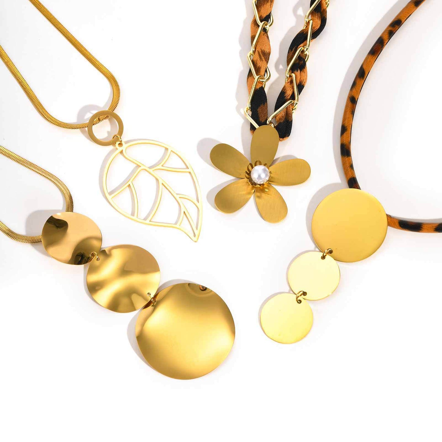 Stainless Steel Irregular Disc Leopard Print Leather Rope Sunflower Leaf Design Necklace