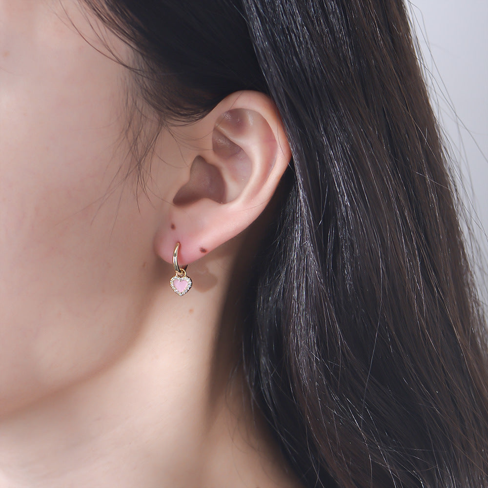 Small Personalized Zircon Earrings Jewelry 925 Sterling Silver Pink Oil Drop Heart Earrings