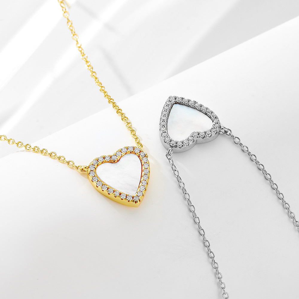 S925 Sterling Silver Love-Shaped Shell Pendant Necklace Inlaid Zircon