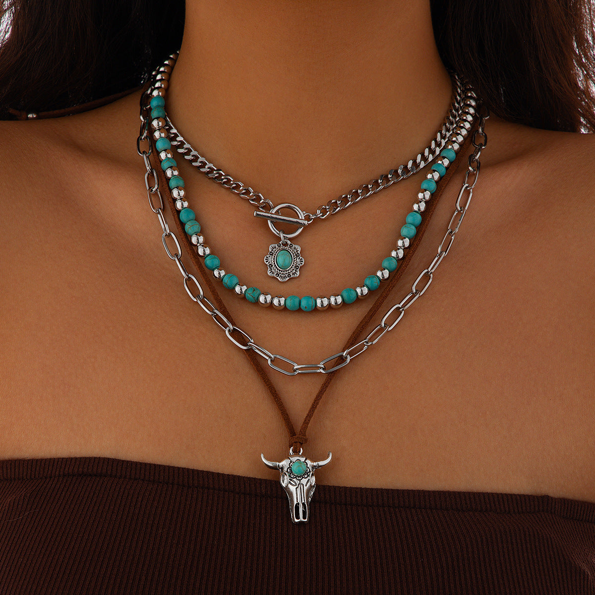 Western Bull Head Turquoise-Style Necklace