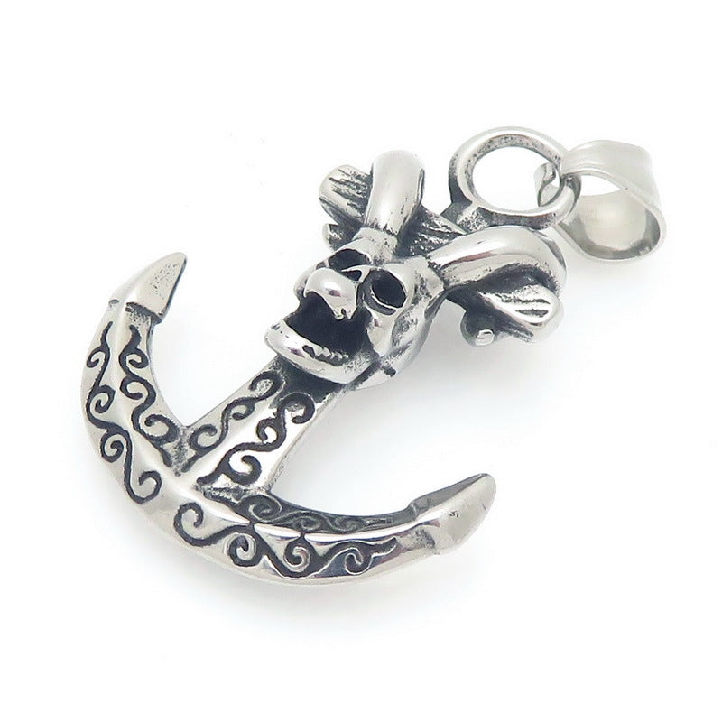 Dark Retro Nautical Rudder Pendant, Punk Retro Cross Skull Head Anchor Titanium Steel Necklace