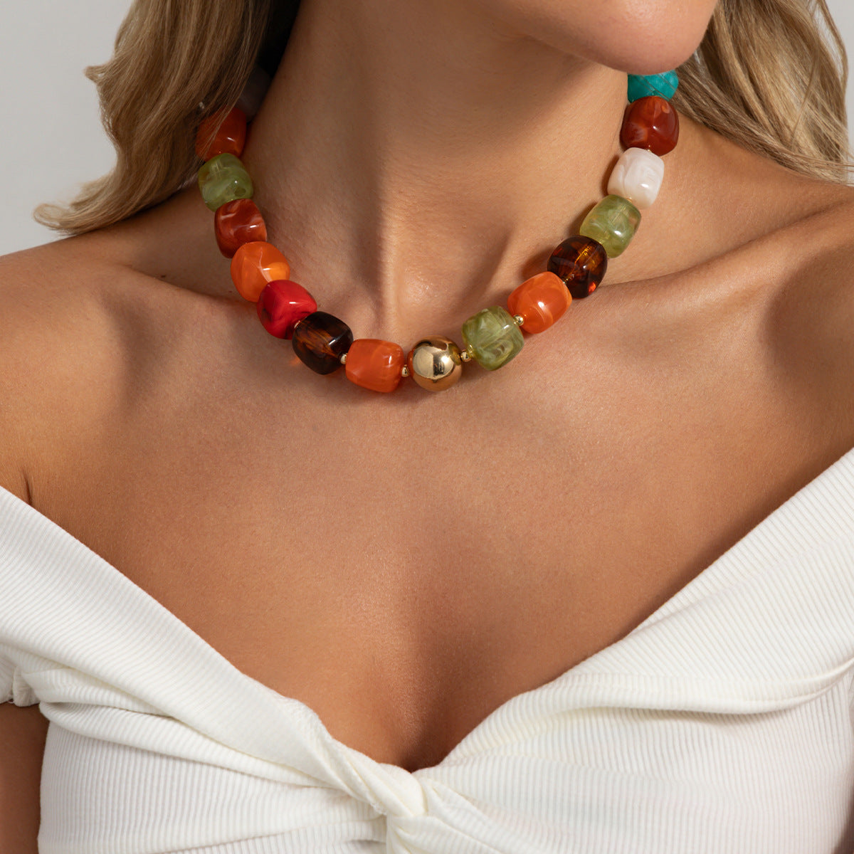 Design Color Resin Beaded Necklace Holiday Style Smudged Multi-Color Collarbone Necklace