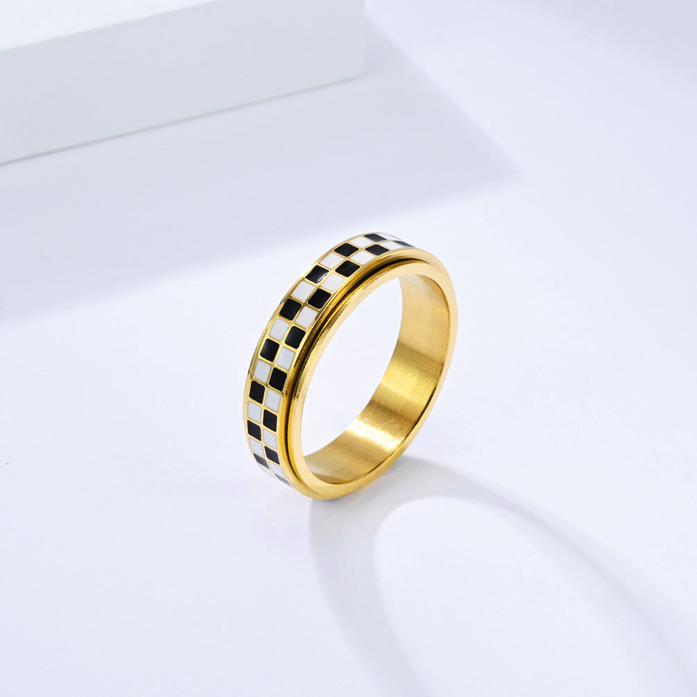 Planderful Rotating Plaid Ring For Women Black And White Niche Design High End Steel Jewelry