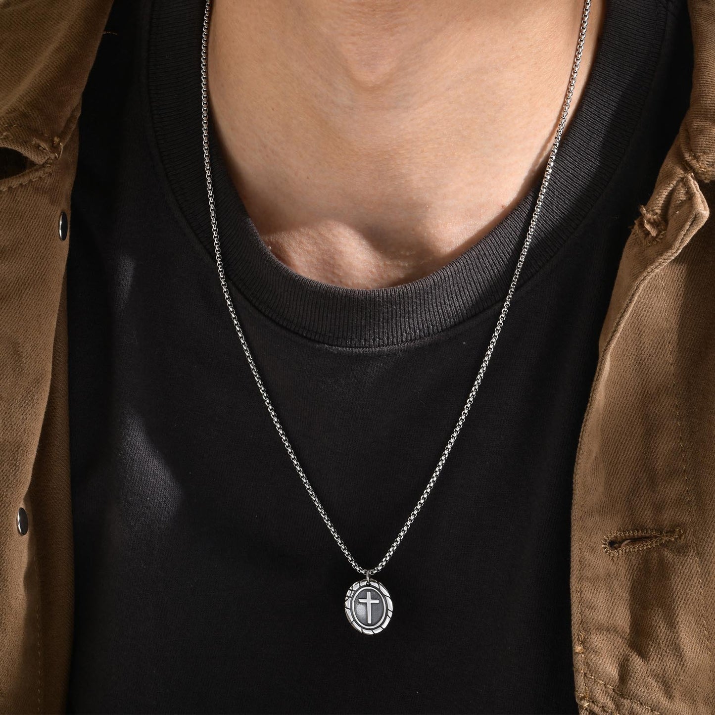 Men's Titanium Steel Necklace Double Sided Cross Pendant