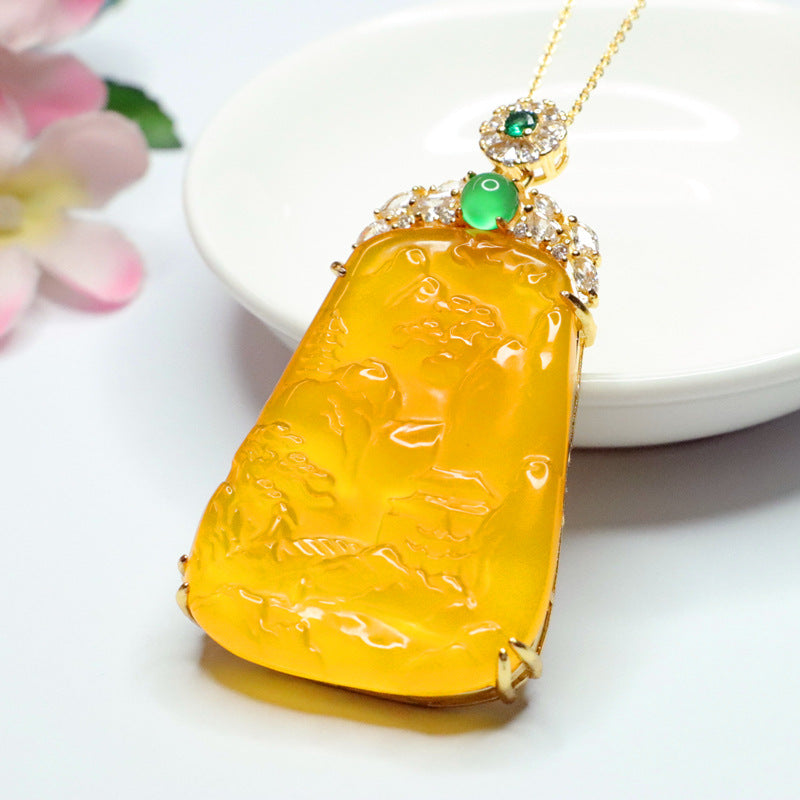Golden Landscape Chalcedony Zircon Necklace with Sterling Silver