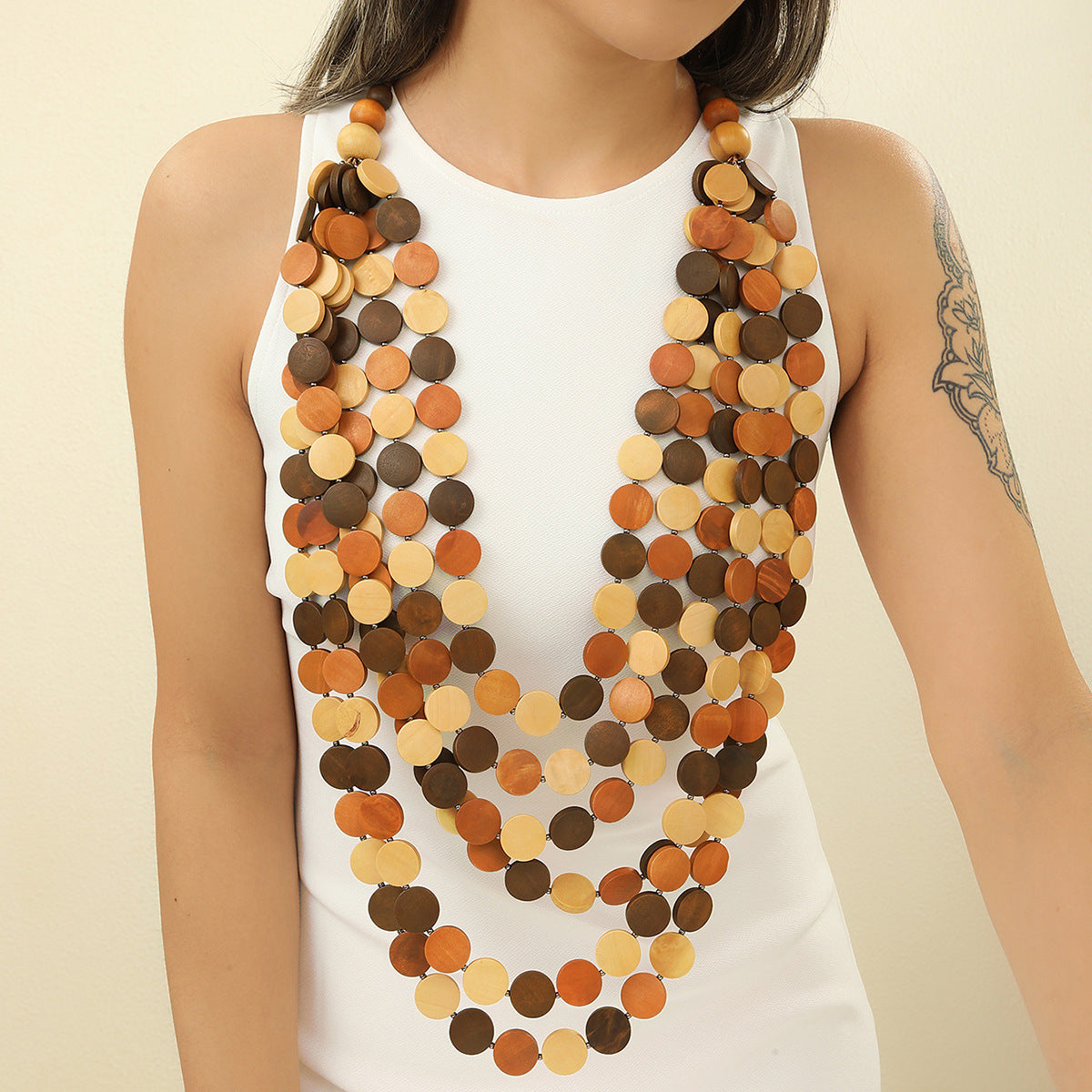 European and American Long Wooden Chip Necklace with Tassel Sweater Chains