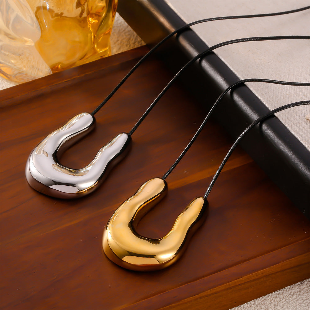 Chic Geometric Pendant Leather Necklace with Titanium Steel Rope