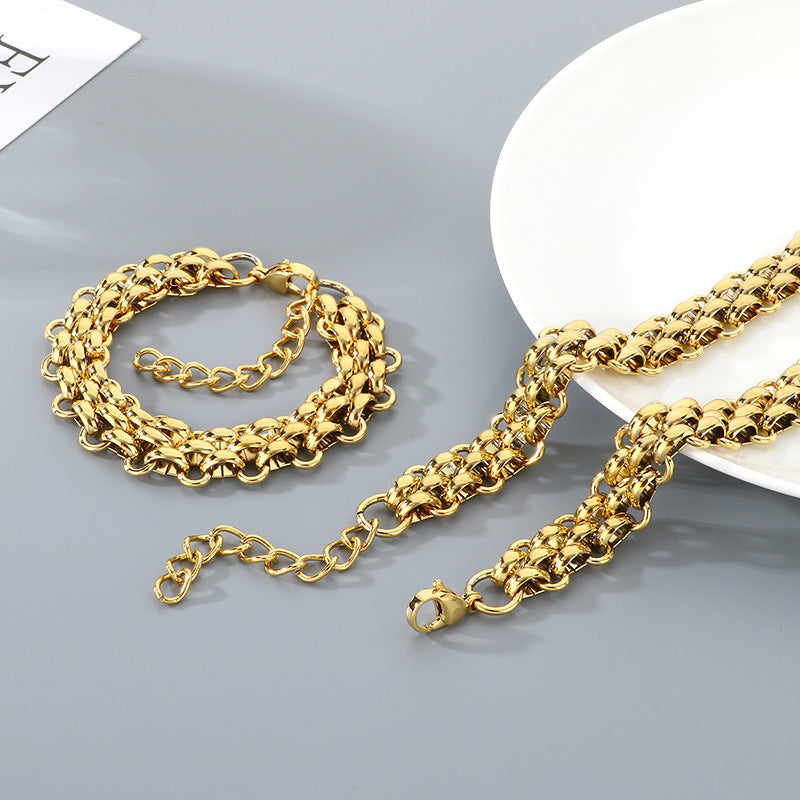 Mens Titanium Steel Triple Row Chain Necklace Bracelet