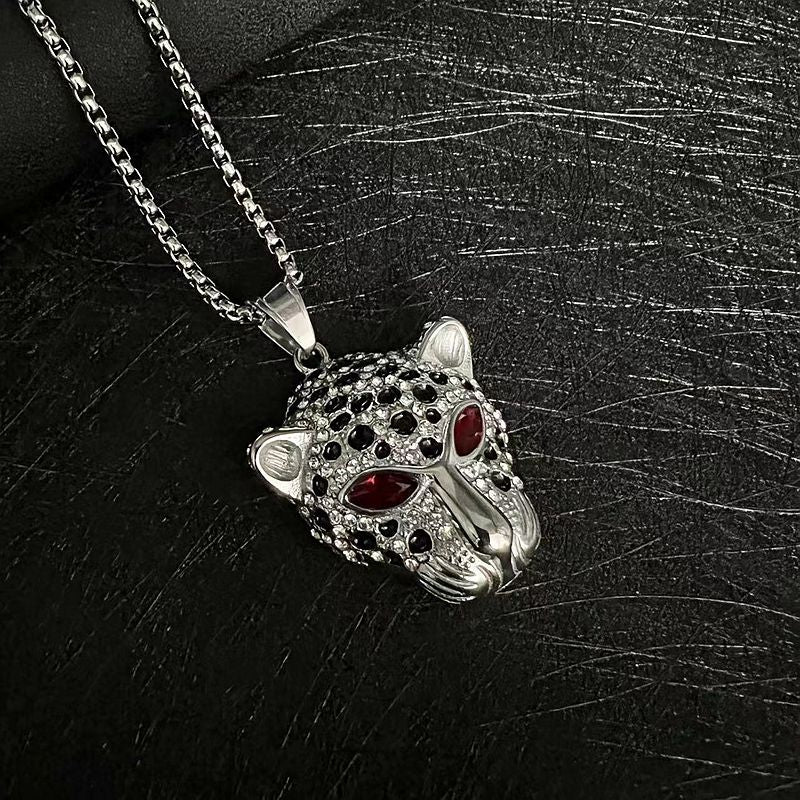 Planderful Leopard Head Pendant Stainless Steel Green Red Zircon Eyes Unisex Hip Hop Jewelry