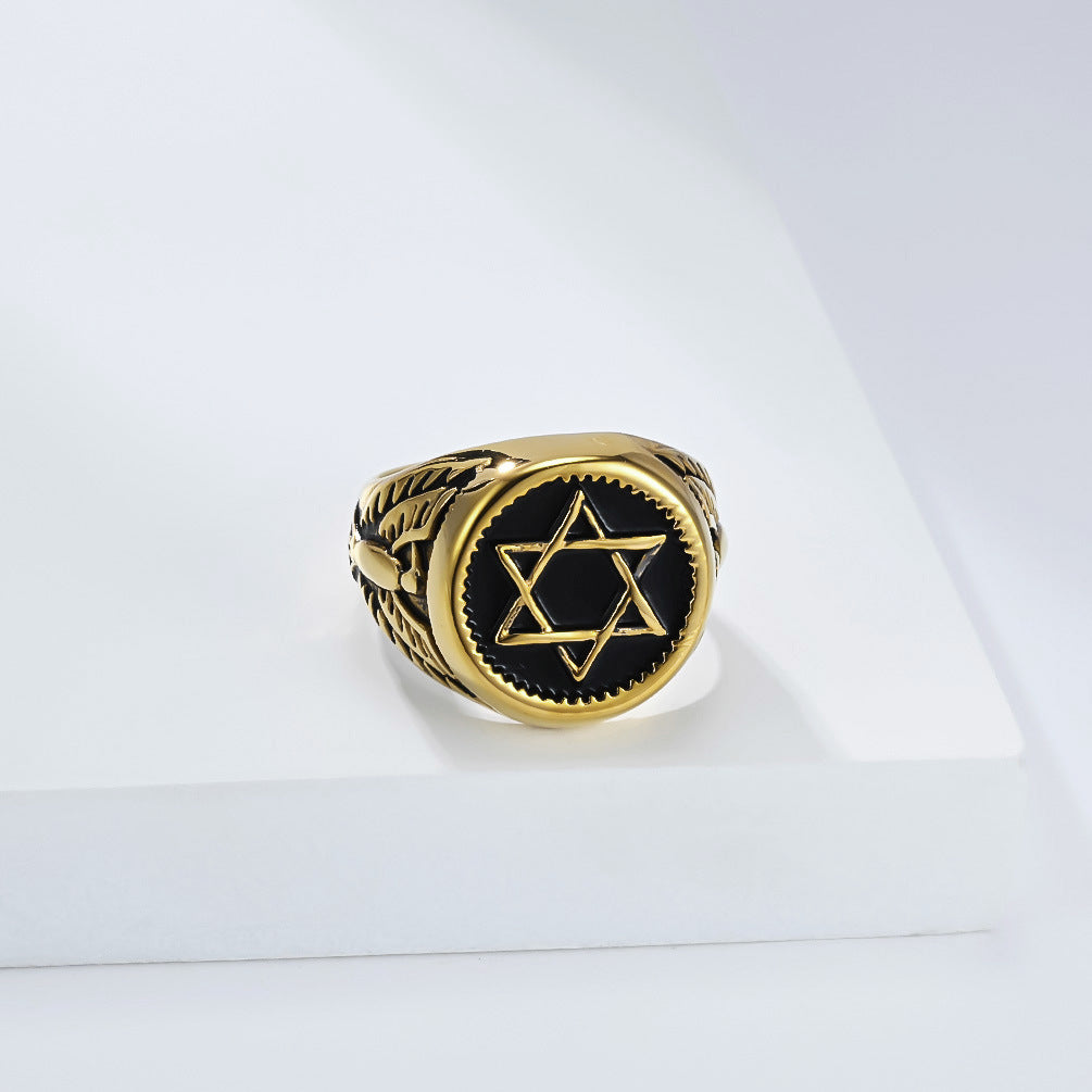 Planderful Stainless Steel Hexagram Eagle Head Ring For Men Retro Trendy Punk Jewelry